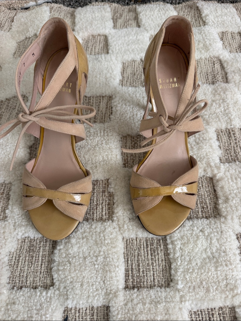 Stuart Weitzman Beige and Mustard Tie-Ankle Heeled Sandals